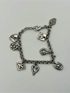Silver-tone Heart & Charm Bracelet Classic 7.5" Circle Link Chain Matte Finish